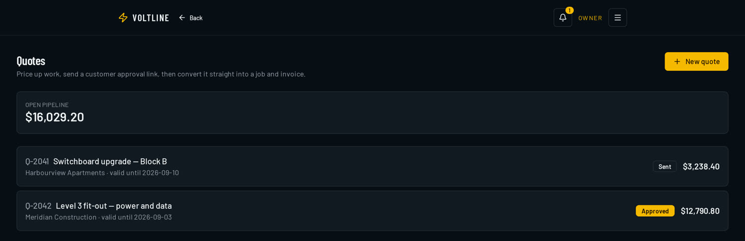 Voltline quotes screen showing open pipeline value and quote statuses.