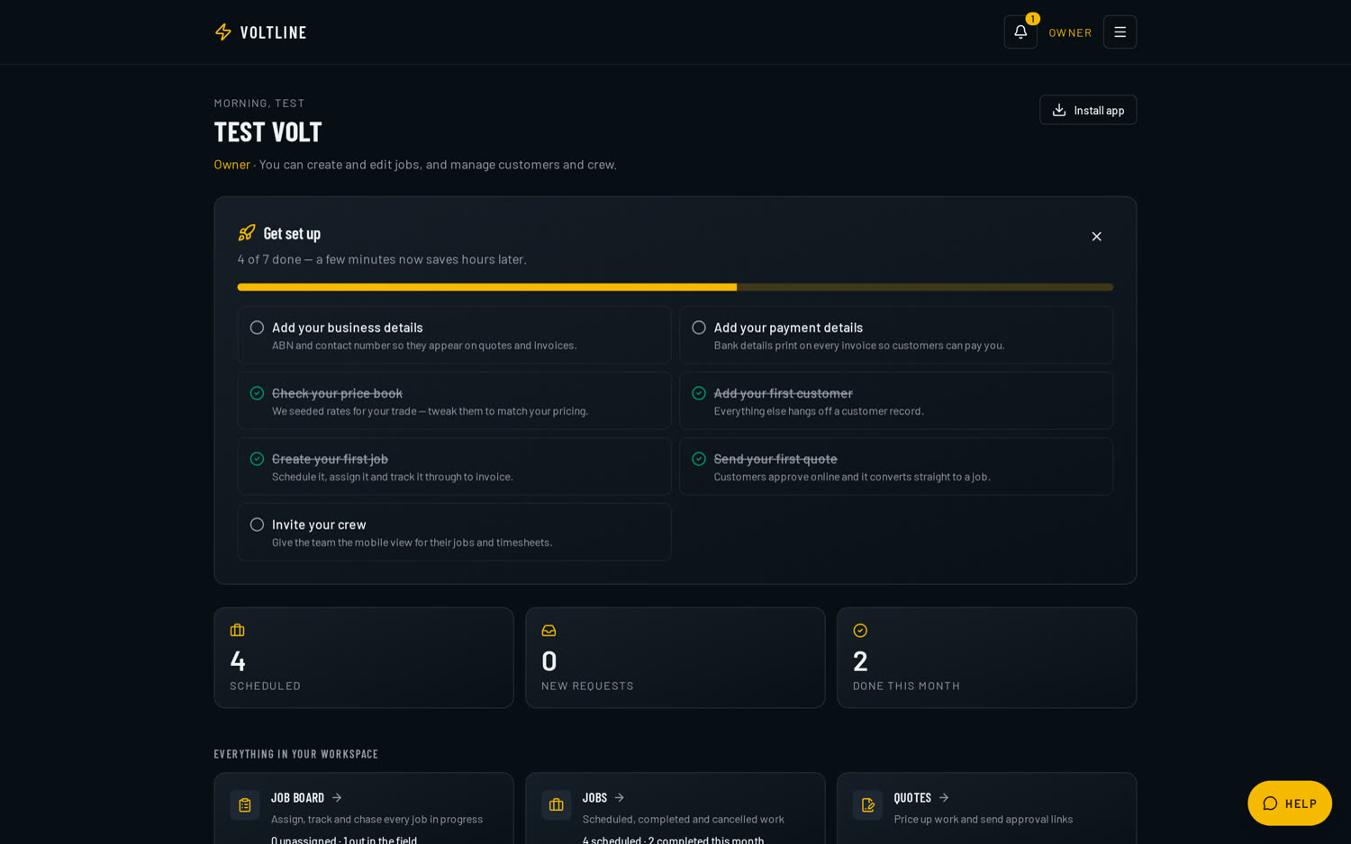 The VoltLine owner dashboard on a dark screen, showing setup progress, today's job numbers and a card for every module.